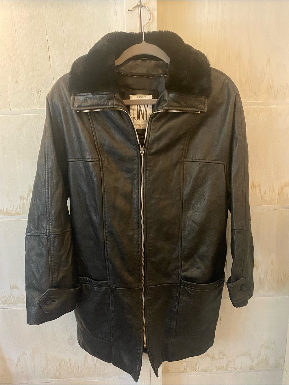 Jones New York Black Leather Pea Coat with Fur Collar